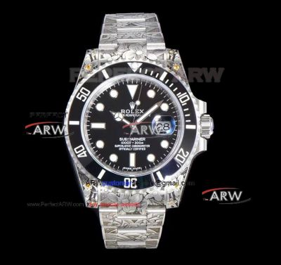 Swiss Replica Rolex Submariner Black Dial Engraved Oyster Band 3135 Movement Watch